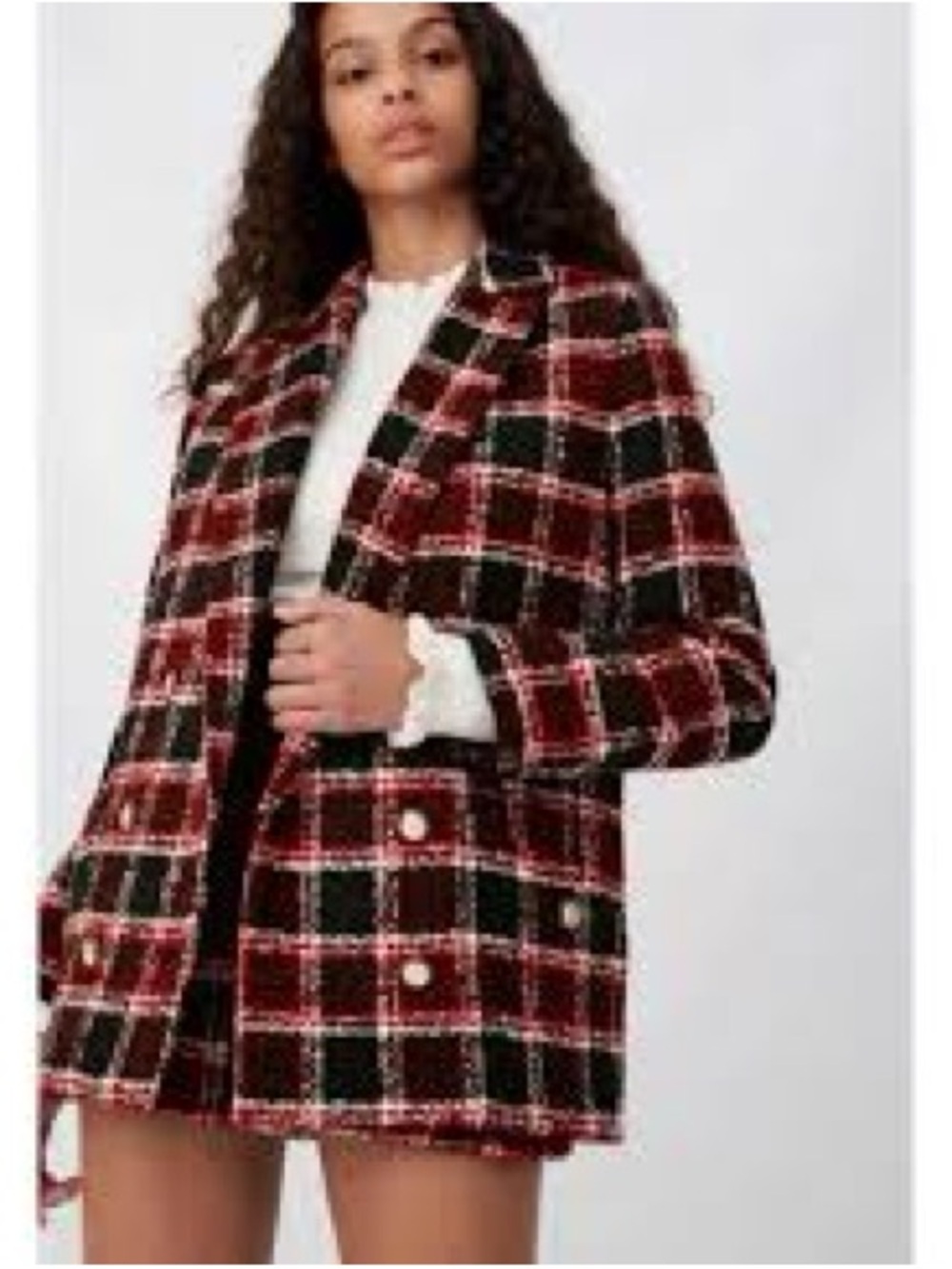 Maje Red & Black Plaid Double-Breasted Tweed Pea Coat